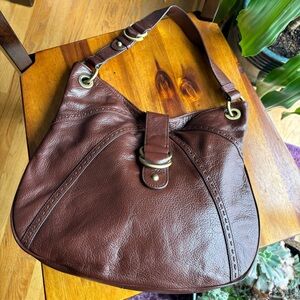 Johnston & Murphy brown and brass pebbled leather hobo bag